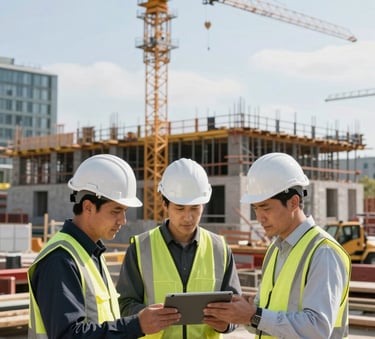 A high-resolution photograph of an active, well-organized construction site in a Northern European city. Professional engineers in high-visibility gear and white hard hats are reviewing a digital tablet, with a large crane and modern steel framework in the background under a clear sky.