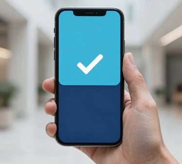 A hand holding a high-end smartphone displaying a streamlined payment confirmation interface with a checkmark. The background is a clean architectural space using #ADC8CD and #0A192F.