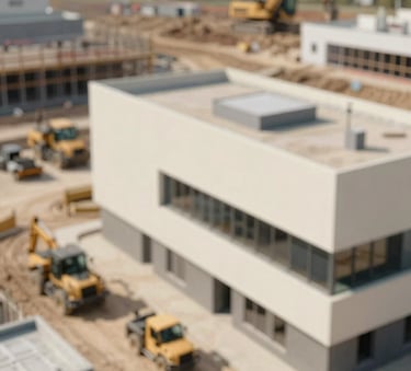 A high-angle architectural shot of a modern construction site featuring clean lines, organized equipment, and a sense of professional progress. Incorporates soft shadows and the brand's neutral color palette including cream and charcoal tones.