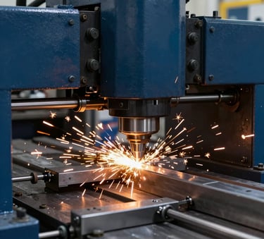 A high-precision industrial metal cutting process in a modern facility in Saudi Arabia, sparks flying from steel, high technology machinery, industrial blue and midnight navy color palette, professional photography.