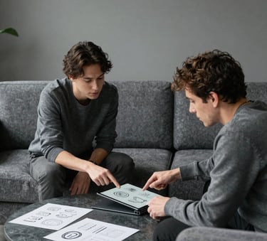 A professional collaborative meeting between two people in a minimalist British / UK design studio, reviewing branding sketches on a tablet, modern slate grey furniture.