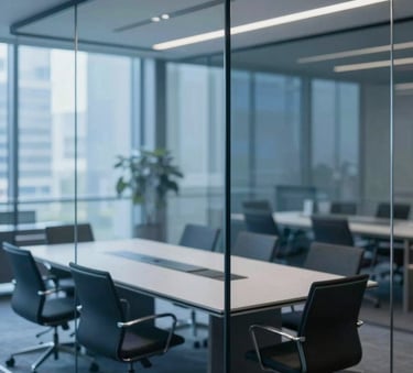 A high-angle, professional photograph of a modern glass-walled boardroom in a corporate office. The scene incorporates a palette of deep blues and greys (#1A2E44, #3C6B94), with clean lighting reflecting an intelligent and trustworthy accounting atmosphere.