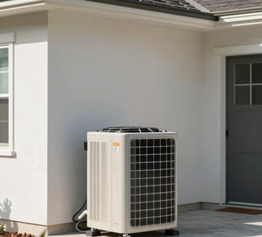 A clean, modern North American residential home with a professional central air conditioning unit installed outside, bright Florida sunlight, high-quality architectural photography.