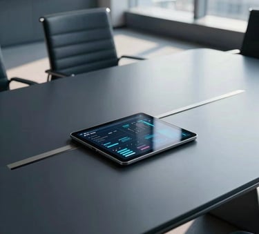 A high-angle professional shot of a sleek, modern conference table in a North American corporate skyscraper. A tablet on the table displays blurred data visualizations. The room is filled with soft, natural morning light, creating a sophisticated atmosphere with a palette of deep navy and light steel blue tones.