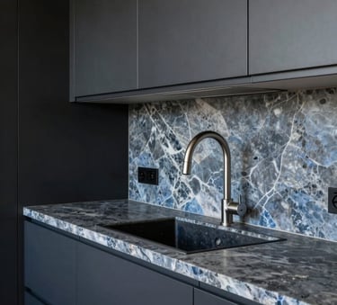 Close-up architectural photography of a renovated Australian kitchen with dark charcoal cabinetry and blue grey stone countertops, professional and high-quality.