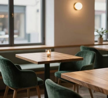 A sophisticated, cozy Scandinavian-style restaurant interior in North America / Western Europe. Minimalist wooden tables, forest green velvet chairs, and warm soft lighting. A window shows a soft daylight glow.
