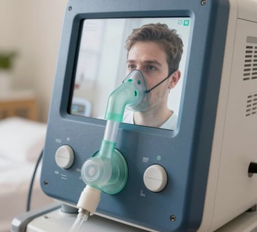 A close-up of advanced medical equipment for ventilation, reflecting highest medical standards in a clean, professional Central European / German home care setting. The color palette includes Steel Blue and Soft Off-White accents, with soft, natural lighting.