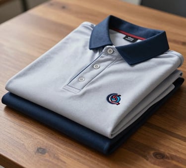 A close-up of professional corporate polo shirts neatly folded on a wooden table in a brightly lit South American studio, featuring high-quality embroidery and clean fabric textures.