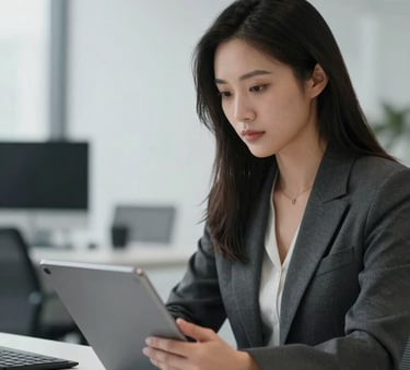 A professional woman in a modern minimalist office environment, looking at high-end data analytics on a silver tablet. The lighting is soft and professional with a palette of #1A1A1A, #505050, and #F5F5F5.