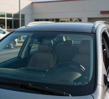 A modern SUV with a flawless, sparkling new windshield parked in a bright North American office building parking lot. The glass reflects a clear blue sky, emphasizing clarity and safety.