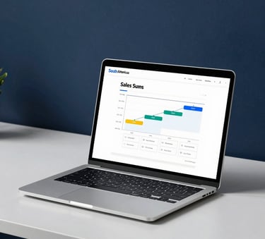 A minimalist workspace with a laptop displaying a clean sales funnel diagram on the screen, professional corporate setting in South America, white and dark blue lighting accents, architectural photography style.