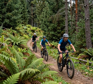 Wide shot of a family mountain biking together on a gentle green trail through a pine forest, vibrant green ferns, cheerful atmosphere, French / Vosges Region.