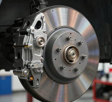 Close-up of a high-end car brake system being inspected in a clean, professional auto shop. Lighting is sharp and professional, highlighting mechanical precision, with subtle #4A6577 and #B88B4A tones reflecting off the metallic surfaces.