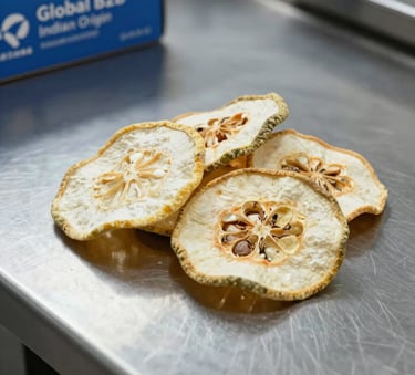 A professional macro shot of organic dehydrated fruit slices arranged on a clean, industrial stainless steel surface, featuring the Steel Blue and Off-white palette, reflecting FSSAI-compliant food processing standards, Global B2B / Indian Origin.