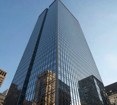 A low-angle shot of a glass skyscraper in a major North American city like New York, reflecting a clear blue sky, symbolizing corporate strength and authority, professional lighting, sharp focus.