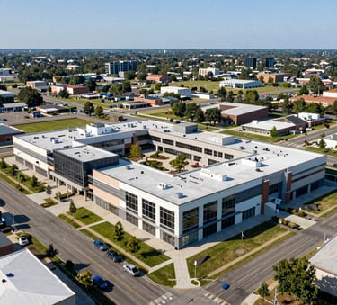 A clean, high-resolution aerial photograph of a newly developed commercial shopping center or office park in a North American / US suburb during a clear day. The architecture is modern and prominent, representing a successful investment.