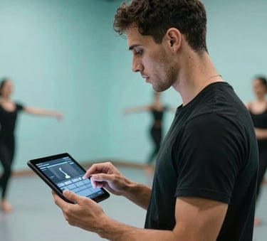 A focused professional dance instructor in a Spanish / Latin American academy looking at a performance dashboard on a tablet, modern minimalist studio background with Deep Teal and Soft Aqua decor.