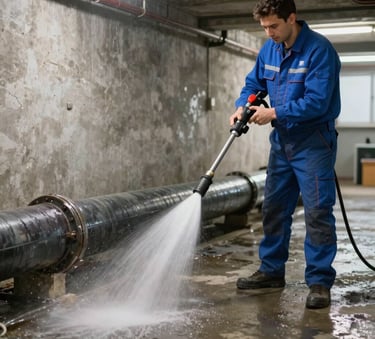 A professional technician using a high-pressure water jetting unit to clean a large drainage pipe in a Central European basement, focus on the equipment and water spray, bright and efficient atmosphere with blue workwear colors.