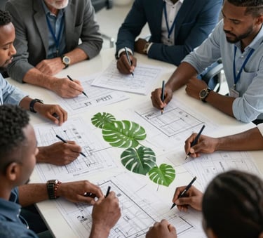 A high-angle photograph of a collaborative construction planning meeting in a professional Caribbean / Jamaican office setting, with blueprints laid out on a table with leaf green accents.