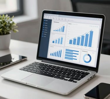 A high-end laptop on a clean desk in a North American office, displaying colorful digital marketing analytics and growth charts in soft blue and grey tones.