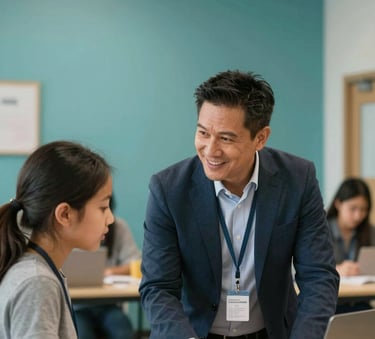A medium shot of a professional mentor and a student in a North American resource center, smiling while reviewing educational goals. The background features a teal wall with clean, professional lines and warm indoor lighting.