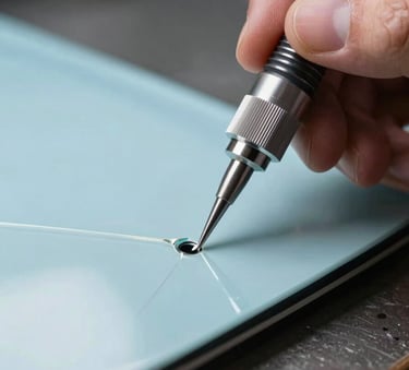 Close-up macro photography of a precision glass repair tool being used on a windshield chip by a professional technician in a North American / US workshop, sharp focus, efficient and modern technique, professional studio lighting, light blue and silver palette.
