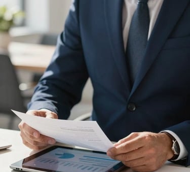 A close-up of a professional in a formal navy blue suit reviewing financial documents on a sleek digital tablet in a sunlit modern office in Madrid, professional lighting, clean composition, European atmosphere.