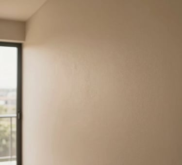 A close-up photograph of a perfectly painted interior wall with a smooth matte texture in a soft sand color. The lighting is warm and natural, coming from a large window. Professional finish, South American / Brazilian modern apartment style.
