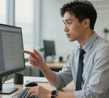 A professional cybersecurity consultant in a modern North American office setting, looking at a screen with a client while sharing expert advice, soft natural morning light, professional attire.