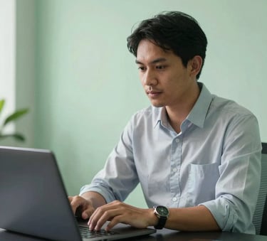 A focused professional in a modern Southeast Asian / Indonesian office setting working on a laptop, soft light green lighting, dark charcoal blue desk, clean and productive atmosphere.