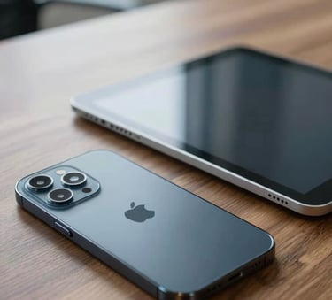 A close-up of a high-end smartphone and a modern tablet on a wooden desk, reflecting a clean office interior in Brazil, professional lighting, soft blue tones from the screen, photography.
