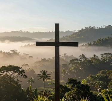 A serene silhouette of a wooden cross overlooking a lush tropical valley in a Central American / Costa Rican landscape during sunrise, Pale Mist White morning mist, peaceful and spiritual atmosphere with Soft Sky Blue tones.