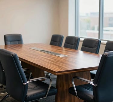 A clean, well-lit North American / US boardroom with a large wooden table and comfortable dark navy chairs. The lighting is natural and bright, conveying a professional and institutional atmosphere.