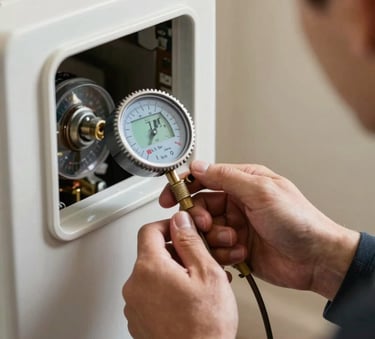 Detail shot of a professional technician's hands using a digital gauge to check a furnace in a North American / US home, crisp off-white surroundings, sharp focus.