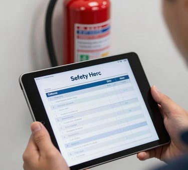 An engineer's hands holding a digital tablet displaying a technical safety checklist. In the background, a deep carmine red fire extinguisher is visible on a clean white wall. Professional, focused close-up.