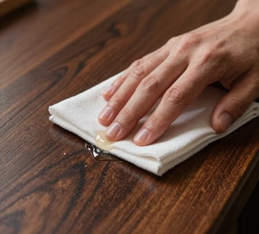 Detailed close-up of a hand applying clear wax to a polished dark oak surface with a soft cloth. Elegant lighting highlights the rich wood grain and texture in a European restoration workshop.