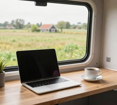 A high-quality photo of a modern, organized workspace inside a camper van. A laptop and a cup of coffee are on a wooden desk, with a beautiful view of a Dutch meadow through the window. Bright, natural morning light.