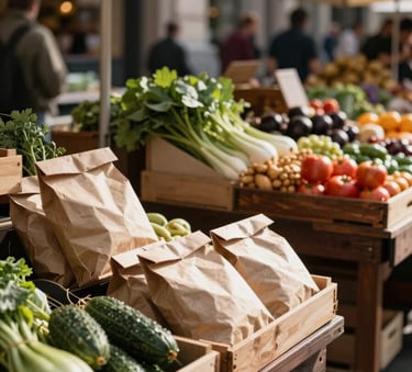 A sophisticated, authentic view of a modern farmers' market in a Western / European-influenced city. Stalls are made of dark wood and display organic produce. The atmosphere is warm and grounded, with soft sunlight filtering through Crisp Parchment paper packaging.
