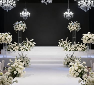 A grand, modern luxury wedding stage in Sharjah featuring a minimalist black backdrop, white floral installations, crystal chandeliers, and #76CDF0 ambient lighting for a sophisticated atmosphere.