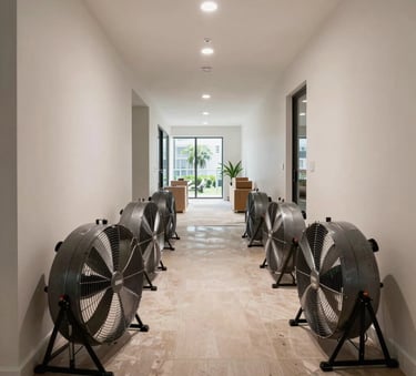 A wide shot of a luxury home hallway in Miami, Florida, with several industrial drying fans lined up, clear professional lighting, showing clean and organized restoration work.