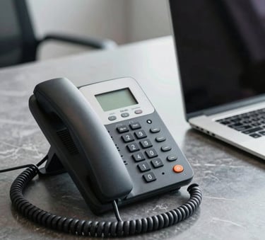 A close-up of a high-end corporate VoIP phone and a sleek laptop on a clean, dark gray marble desk in a professional South American office, soft focus background, lighting in tones of light gray and near black.