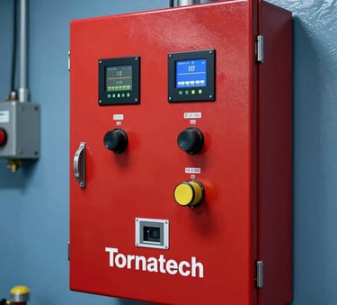 A vertical shot showing a modern fire pump control panel by Tornatech. The panel is vibrant red with digital displays and industrial switches. It is mounted on a Steel Blue wall in a clean mechanical room, showing professional wiring and engineering standards.