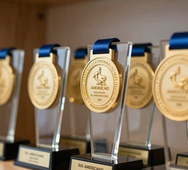 A close-up photograph of a shelf displaying high-quality custom trophies and acrylic medals. The lighting is soft and professional, highlighting the transparent textures and clean edges. Sul Americano / Brasileiro studio setting.