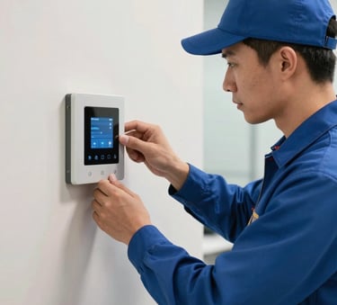 A professional electrician focused on installing a modern smart panel in a North American / US office building. The lighting is crisp and efficient, featuring colors like slate blue and warm off-white to convey reliability.