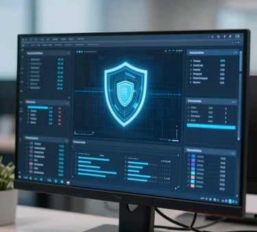 A close-up shot of a high-resolution security monitoring dashboard on a sleek monitor. The screen displays data visualizations and a glowing digital shield symbol. The office environment in the background is softly blurred with cool blue tones (#2D5D7A) and professional lighting.