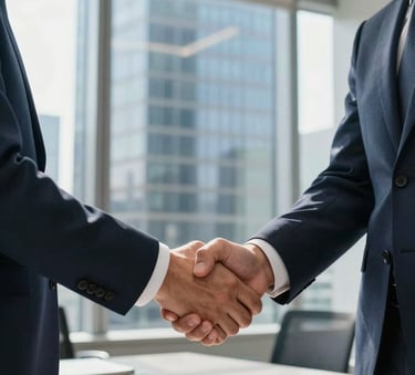 A close-up of a professional handshake between two business executives in a bright, sunlit glass boardroom in a North American skyscraper, reflecting a high-end corporate atmosphere with deep navy and white tones.