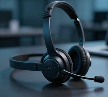 A close-up of a high-tech communication headset on a professional desk, soft-focus office background with deep midnight blue and deep teal blue lighting, professional atmosphere in a South American / Brazilian corporate setting.