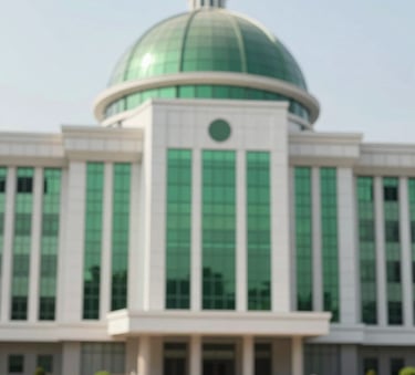 A sophisticated architectural photograph of the Nigerian National Assembly or a modern government building in Abuja. The image features clean lines, a bright sky, and a professional, authoritative atmosphere with subtle greens from the landscaping reflecting #2F6F4C and #B4D3C5.