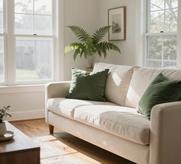 An interior shot of a bright, airy North American / US living room with natural wood floors and comfortable furniture. A sense of calm and stability. Sunlight streaming through windows. Fern Green cushions on an Off-white sofa.