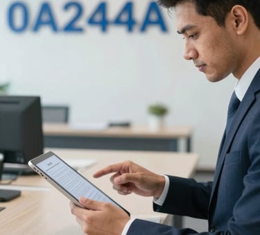 A focused professional in a modern Gurugram office reviewing legal documents on a sleek tablet, with #0A244A blue corporate branding subtly in the background, clean and trustworthy lighting.